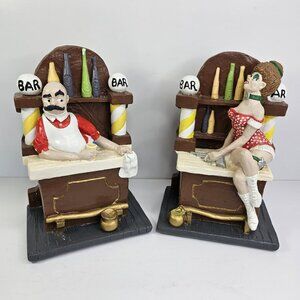 1977 Florentine Art Studios Bar Bookends Lady With Gun And Bartender Chalkware